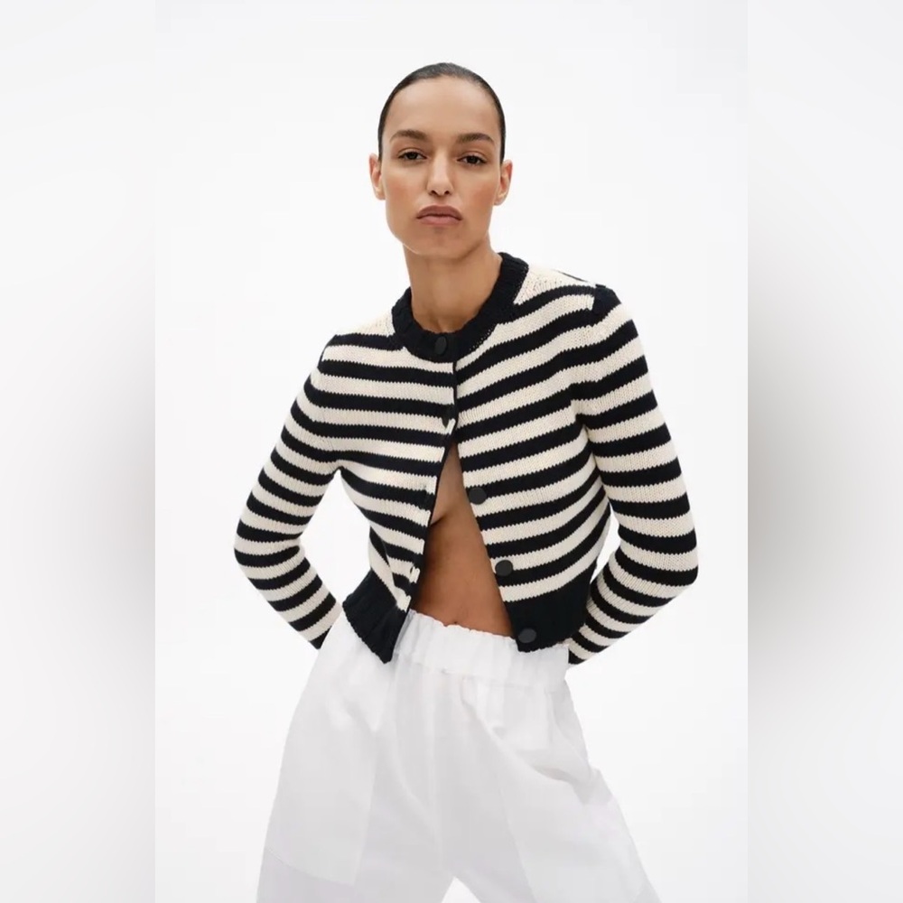 G. Label by Goop Demoiselle Cardigan Striped‎ Cotton Cashmere Navy Sweater Sz M